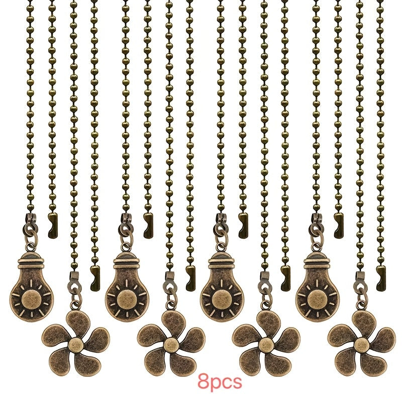 Ceiling Fan Pull Chain Extension Set of 8 – Decorative Bead Chain Pull Cord with Five-Leaf & Bulb Pendants, Iron Chain & Zinc Alloy, Bronze