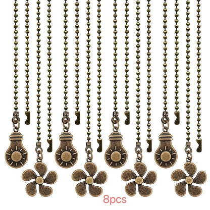Ceiling Fan Pull Chain Extension Set of 8 – Decorative Bead Chain Pull Cord with Five-Leaf & Bulb Pendants, Iron Chain & Zinc Alloy, Bronze