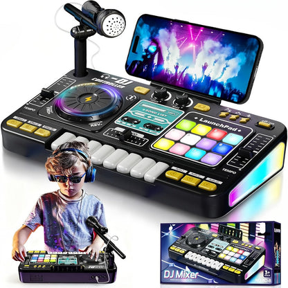 Kids DJ Mixer Toy Set with LED Lights, Microphone & Piano Keys, 100+ Sound Effects, Disco Mode, Rechargeable