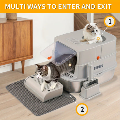 TEKEPL 68L Cat Litter Box with Stainless Steel Basin and Modular Enclosed, Semi-Open or Open Configuration