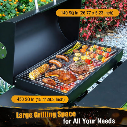 Barrel Charcoal Grill with Offset Smoker, Wheeled Cart, Side Firebox and Two Black Configuration Options