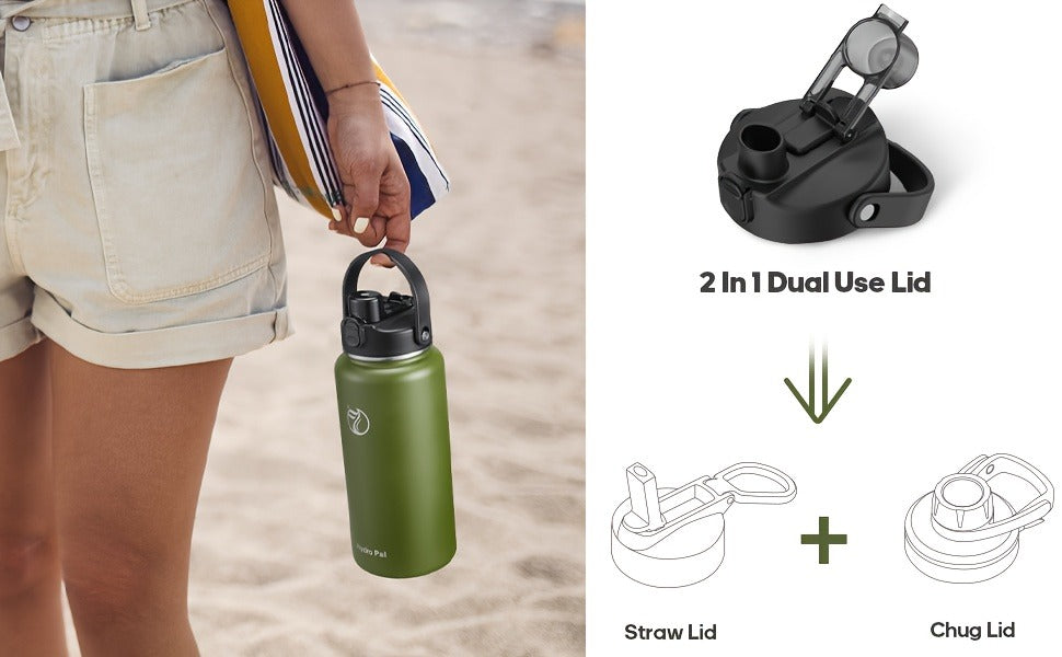 40oz HydroPal Water Bottle with Separate Straw and Chug Lids, Two Straws and 12 Color or Pattern Options