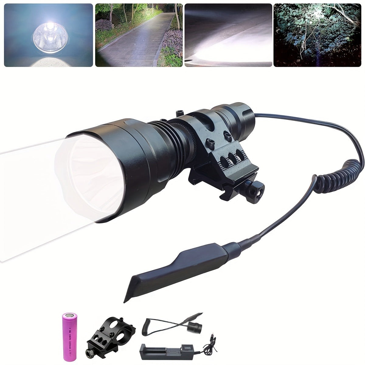 Flashlight Red, Green or White Hunting Light with Remote Switch, 18650 Battery and Mount Options