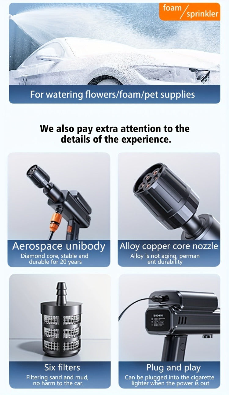 Portable Pressure Washer Cordless 980PSI, 3x 4000mAh Batteries, 5-in-1 Nozzle, Foam Cannon, 33FT Hose