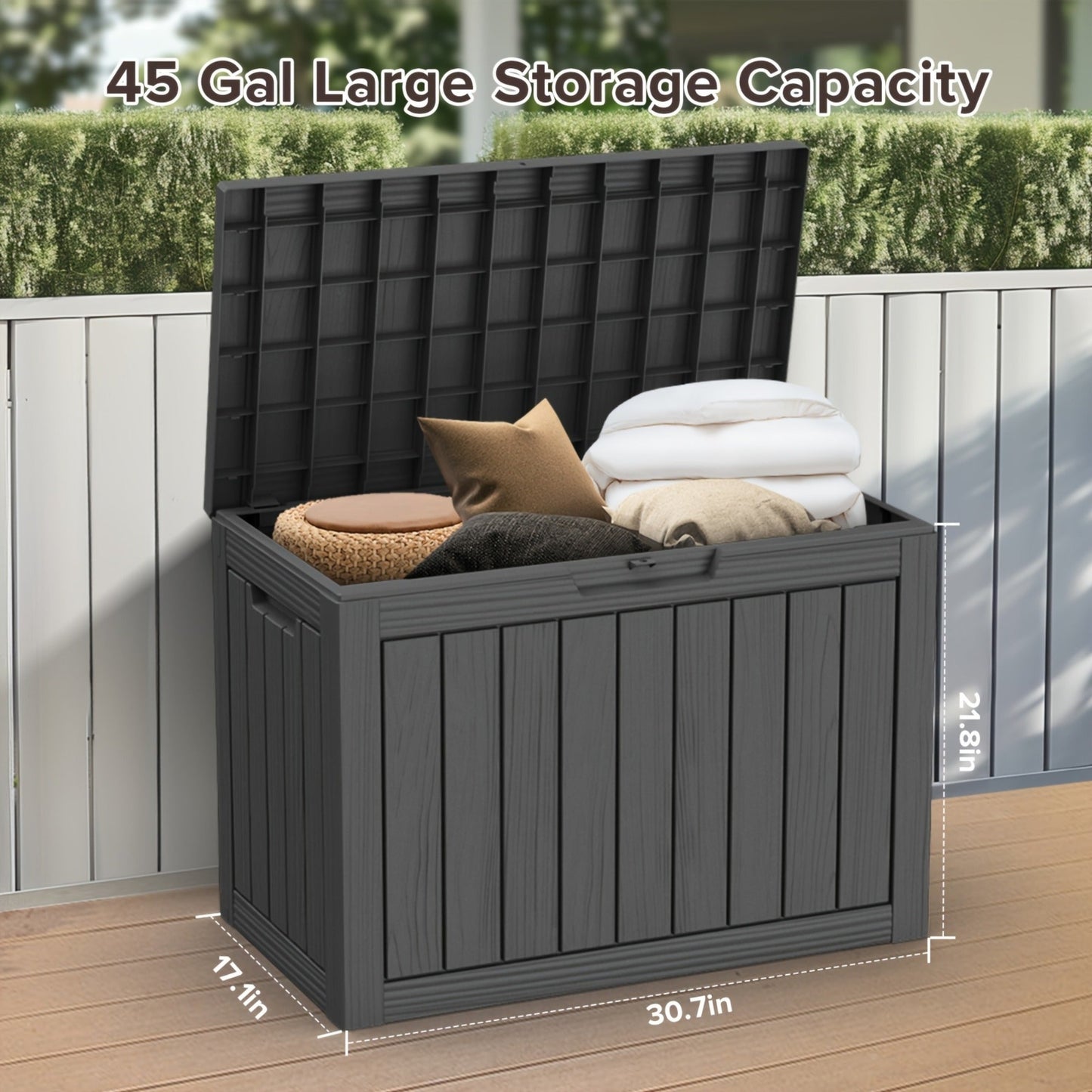 Outdoor Resin-Style Deck Box in 35- or 45-Gallon Sizes with Lockable Lid, Side Handles and Two Colors