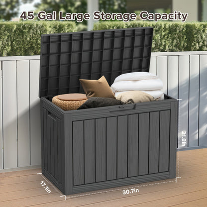 Outdoor Resin-Style Deck Box in 35- or 45-Gallon Sizes with Lockable Lid, Side Handles and Two Colors