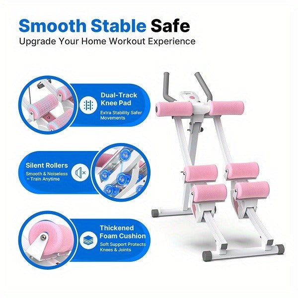 Ab Machine Adjustable Dual-Track Core Trainer with LCD Display – Foldable Ab Roller 440LB Capacity, 110° Curved Track & Knee Pad for Home