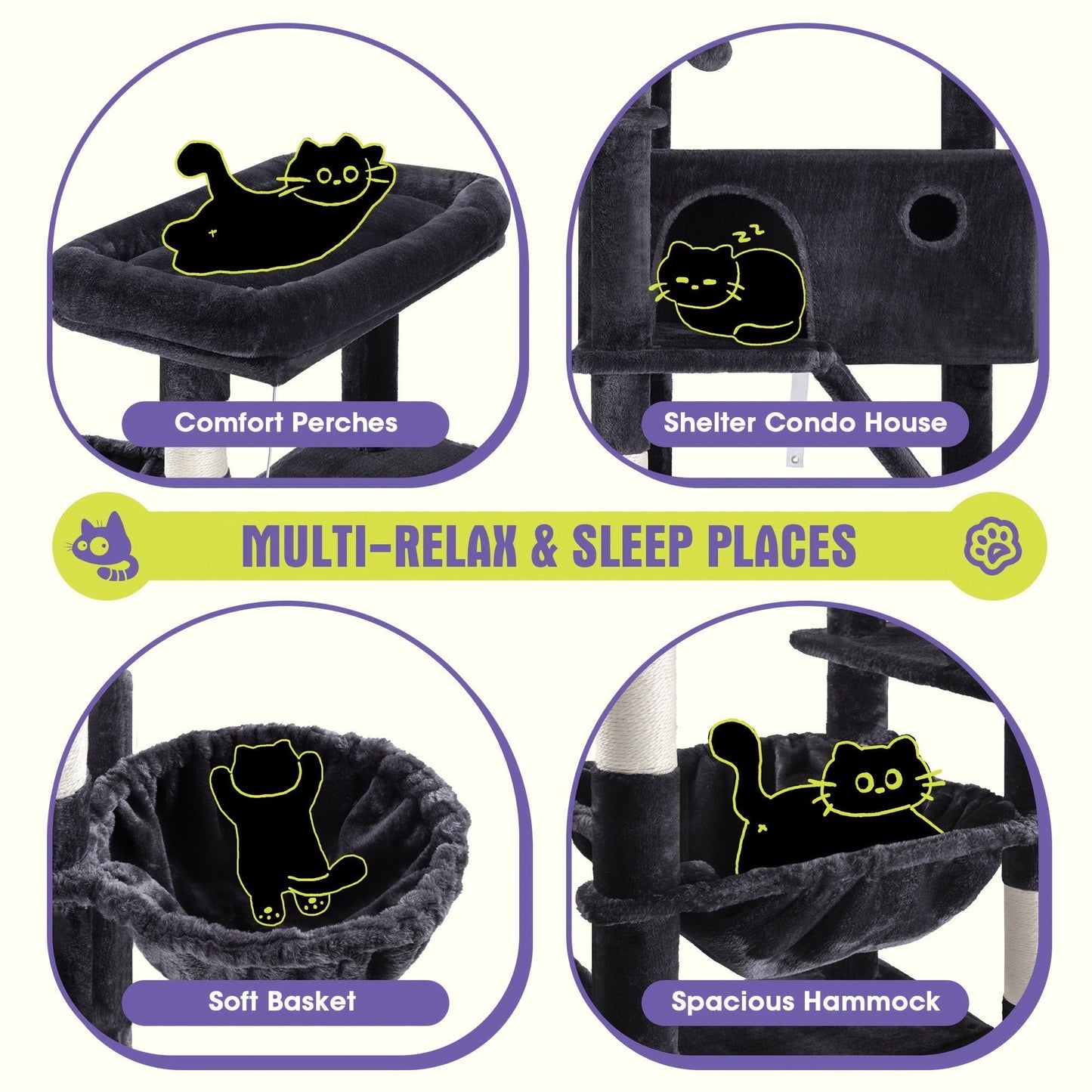 Multi-Level Cat Tree in 36-, 65-, 68- or 81-Inch Heights with Perches, Condo, Hammock and 30 Color, Pattern or Layout Options
