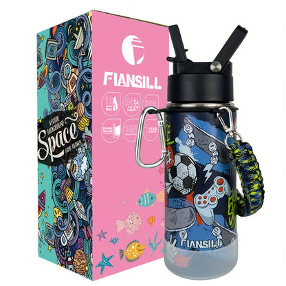 FIANSILL 16oz Stainless Steel Water Bottle with Flip-Up Straw Lid, Wrist Strap, Carabiner and Eight Prints