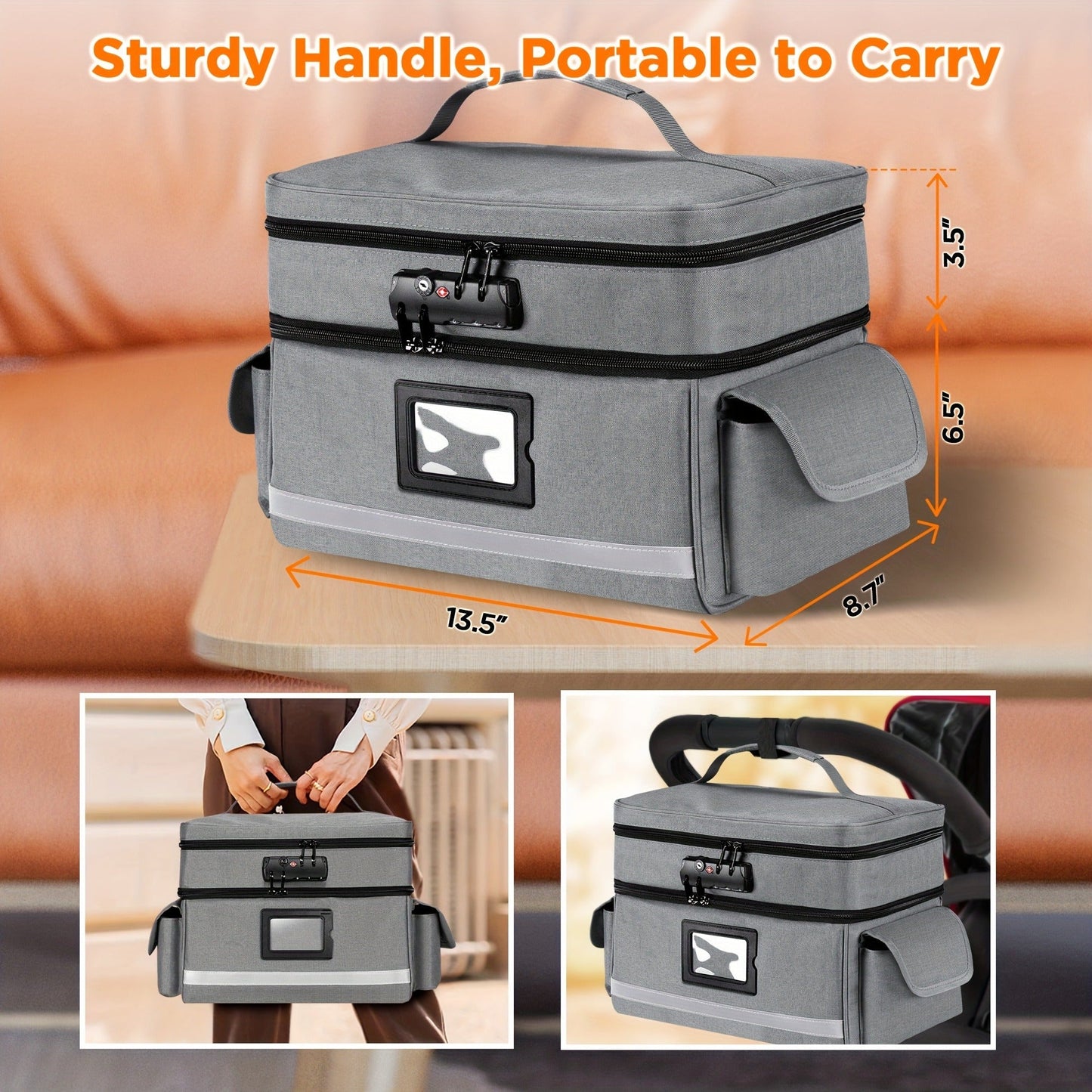 Lockable Medicine Organizer Bag with Combination Lock, Double-Layer Large Capacity Pill Bottle Storage Case for Prescription Bottles First