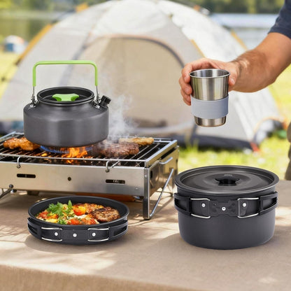 Camping Cookware Set, 19- or 27-Piece Coated Aluminum Mess Kit with Pot, Pan, Kettle, Cups, Plates and Cutlery