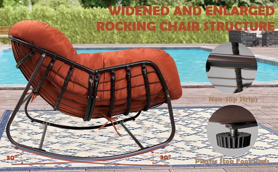 Papasan Rocking Chair Outdoor Wicker Egg Chair with Cushion & Pillow, Large Patio Rocker for Garden