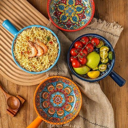 Ceramic Bowl Set with Lids 8-Piece Bohemian Soup Noodle Salad Bowls, for Home Cooking, Dining and Outdoor Meals