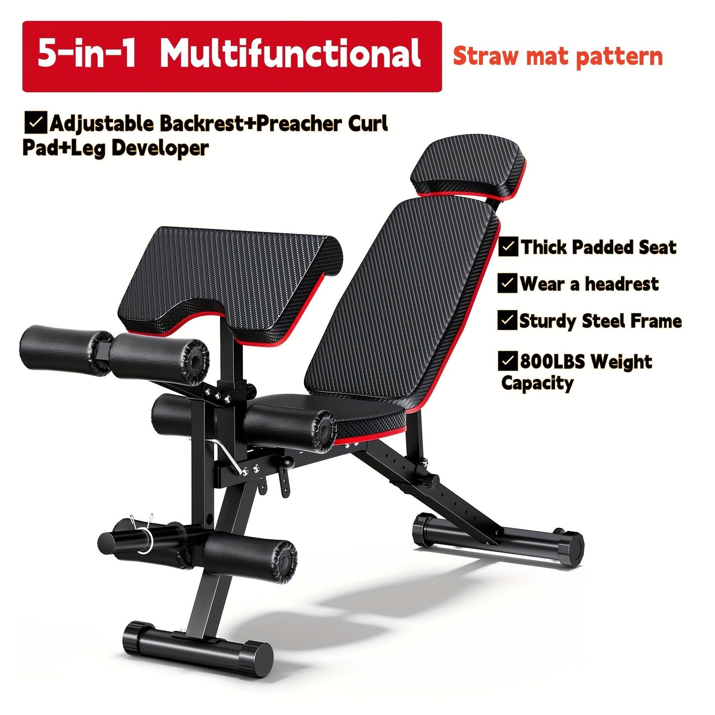 Adjustable Weight Bench 6-in-1 Foldable – Flat Incline Decline, Resistance Bands, Preacher Curl & Leg Developer, 770lb Capacity