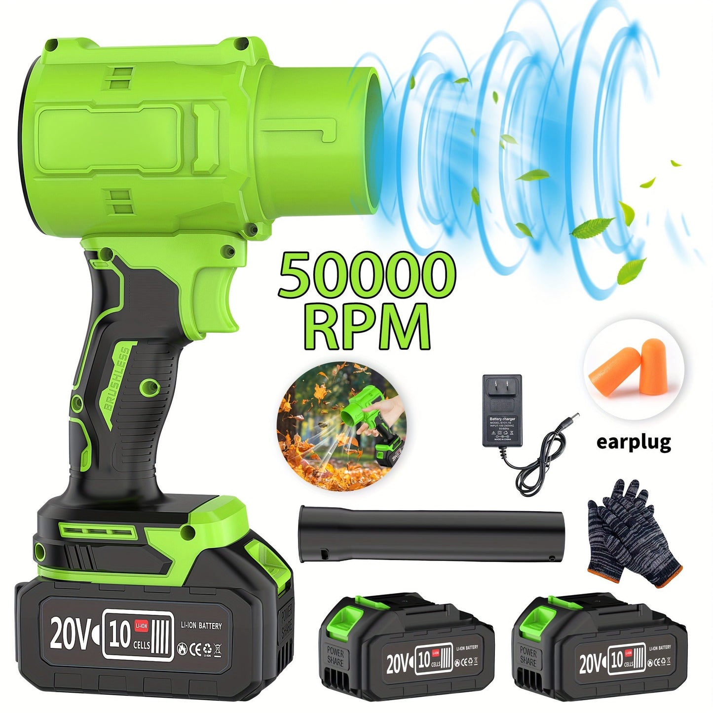 20V Cordless Leaf Blower with 50, 000 RPM Marking, Yellow or Green Body and Six Dual-Battery Package Options