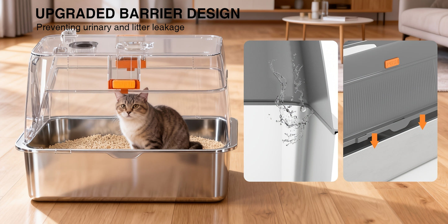 Extra Large Enclosed Cat Litter Box – Stainless Steel with Front Flap Door, Foldable Anti-Splash Fully Covered Design