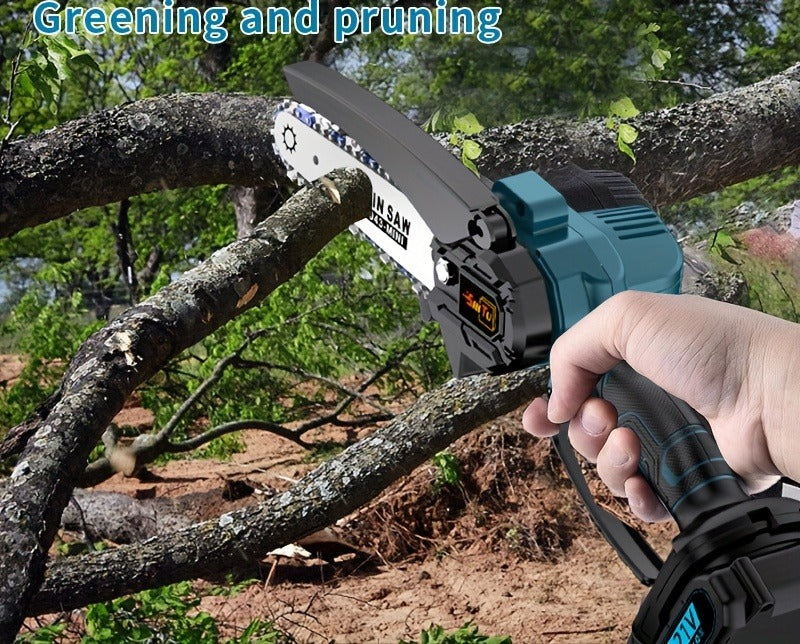 Handheld Electric Chainsaw, Mini Cordless Portable Tree Cutter with Splash Guard, Security Lock, Rechargeable Battery Options