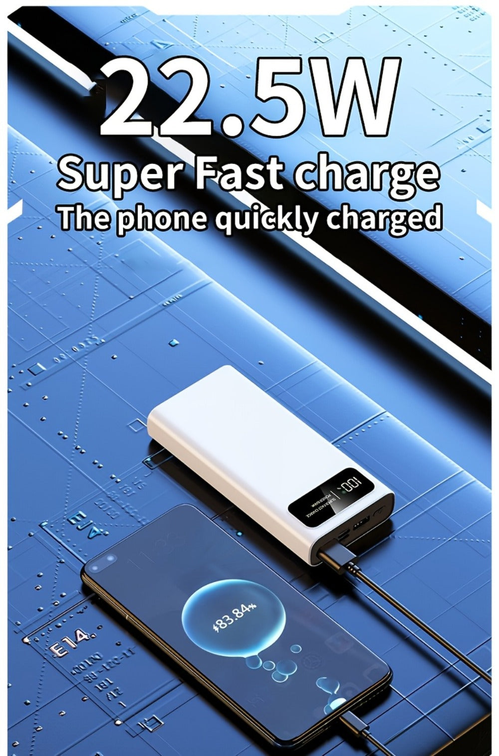 Power Bank 30000mAh 22.5W with Two-Way Charging, Dual USB, USB-C and Digital Display in White