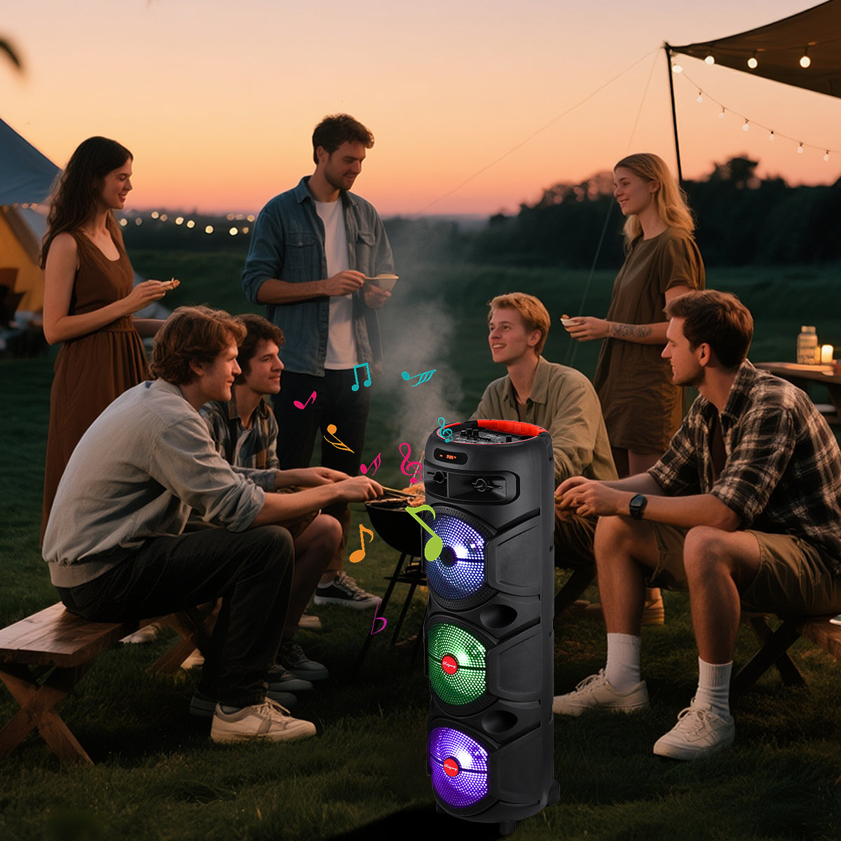 Triple 8-Inch Subwoofer PA Party Speaker with Wireless Stereo Pairing, LED Color Lights, FM Radio