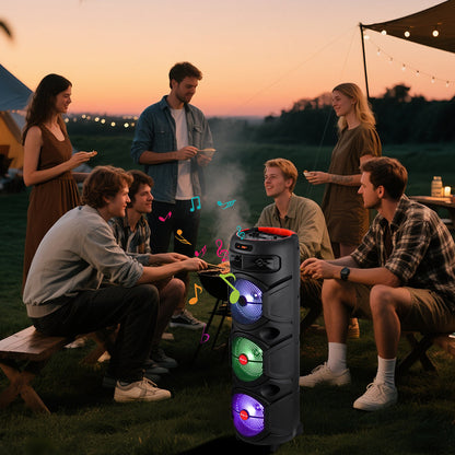 Triple 8-Inch Subwoofer PA Party Speaker with Wireless Stereo Pairing, LED Color Lights, FM Radio