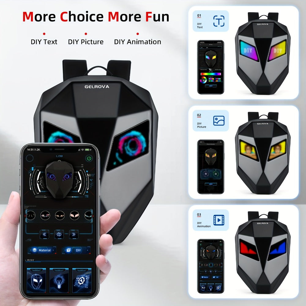 LED Motorcycle Backpack with Display Screen, Hard Shell Helmet Bag, USB Charging Port, 48x48 Dot Matrix Smart Riding Backpack