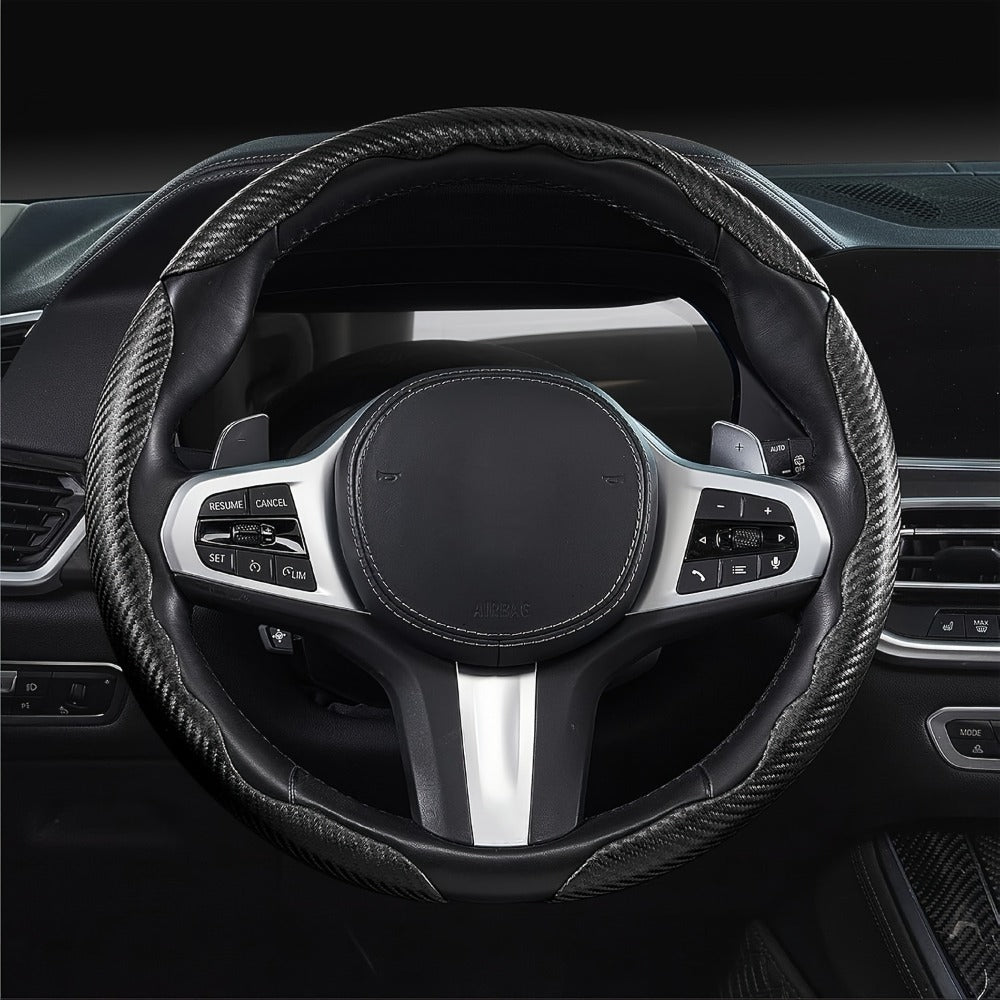 Carbon Fiber Steering Wheel Cover 3pcs – Anti-Skid Segmented Snap-On Protector, High-Grip ABS Resin, Universal Fit, Wood Grain Yellow