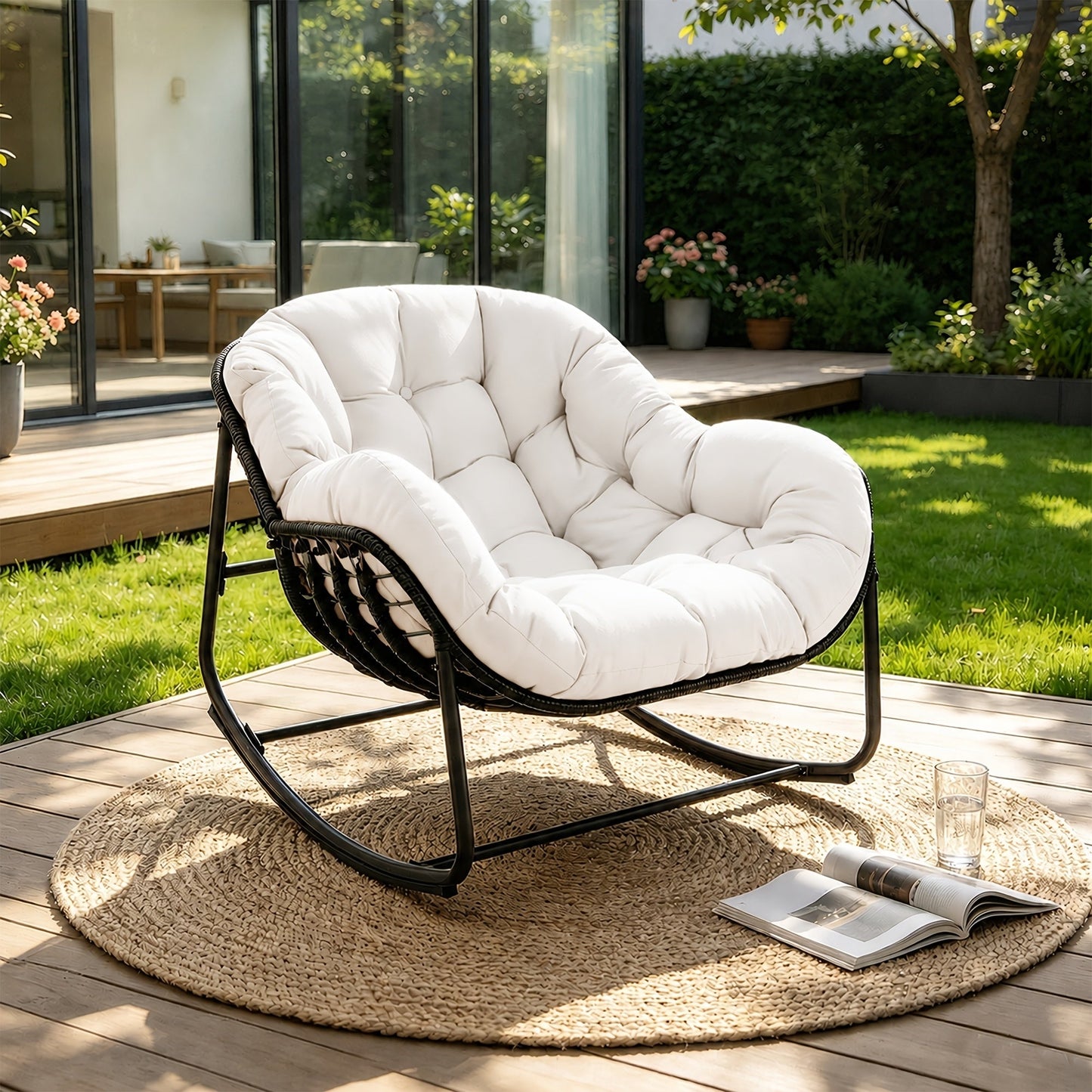 Papasan Rocking Chair Outdoor Wicker Egg Chair with Cushion & Pillow, Large Patio Rocker for Garden