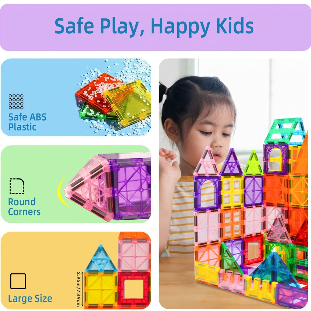 Magnetic Tiles Building Set for Kids 3 4 5 6 7 8 – 80 106 136 205pcs Clear 3D Magnet Building Blocks STEM Educational Toy Child-Safe ABS