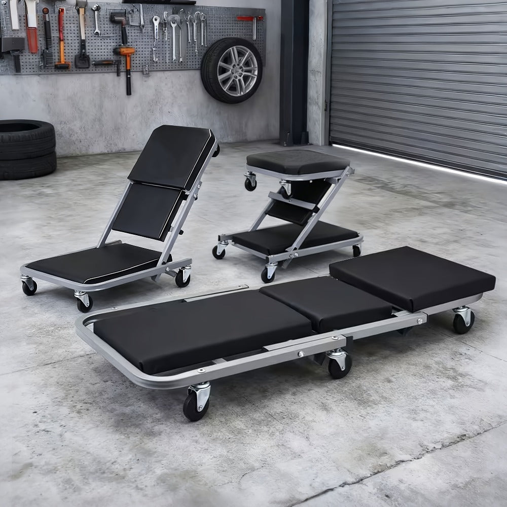 Rolling Mechanic Creeper Stool 300 lb – Foldable Z-Shape 3-in-1 Crawler Seat & Sliding Work Stool with 6 Swivel Casters