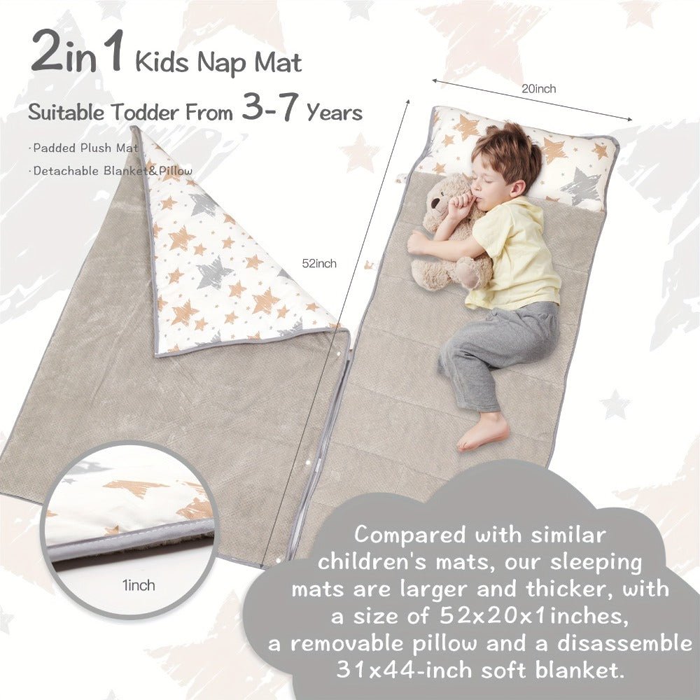 Toddler Nap Mat with Removable Pillow & Minky Blanket, Rollup Kids Sleeping Mat for Daycare Preschool