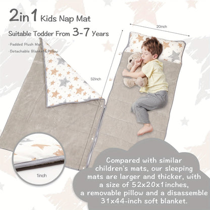 Toddler Nap Mat with Removable Pillow & Minky Blanket, Rollup Kids Sleeping Mat for Daycare Preschool
