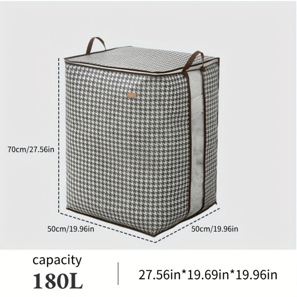 Large Storage Bags Houndstooth Non-Woven Fabric Organizer with Double Zipper & Handles – 160L/180L Dustproof Foldable Storage Box