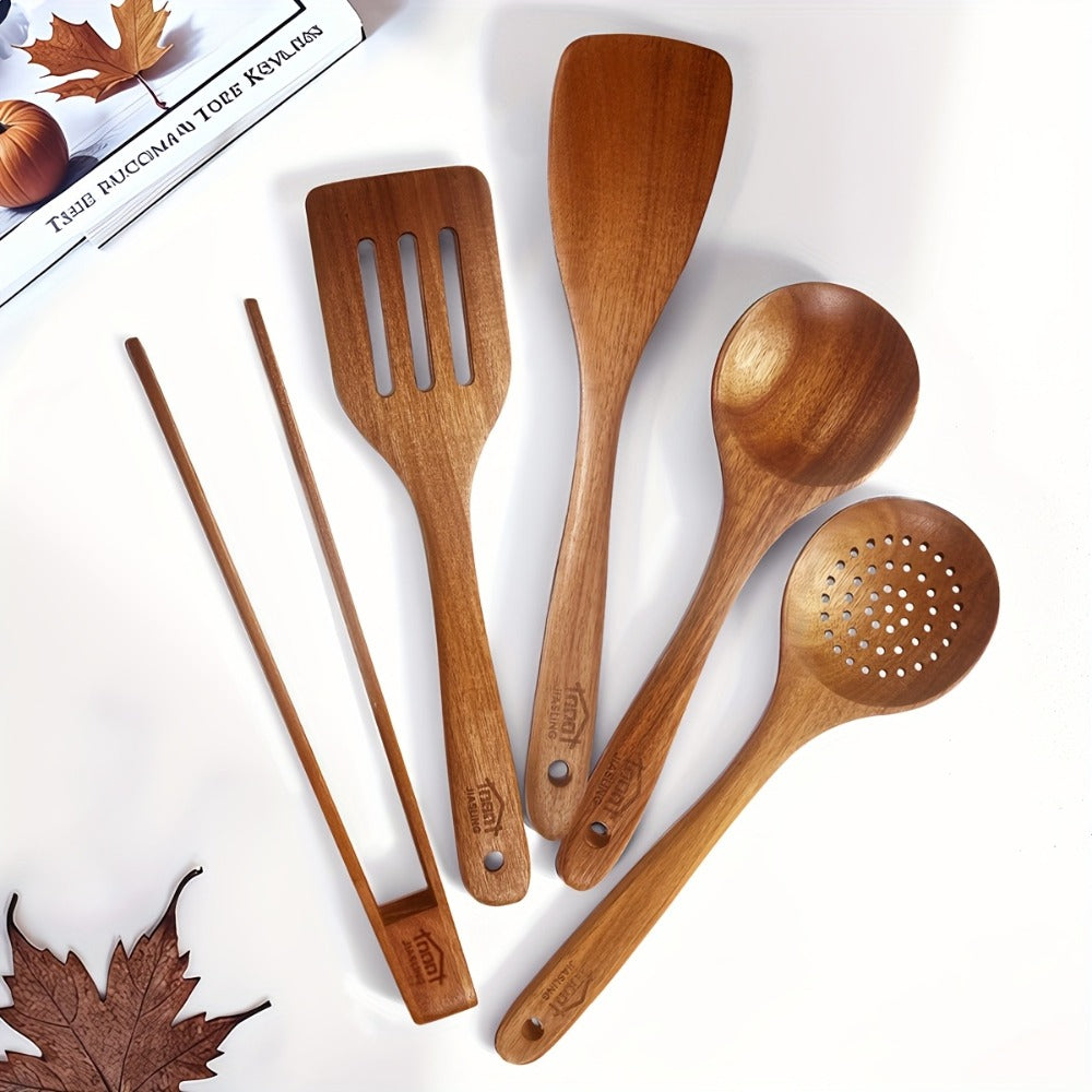 Kitchen Utensils by JIASING, 3-, 5- or 7-Piece Wood Spoon, Spatula, Ladle and Egg-Beater Set Options