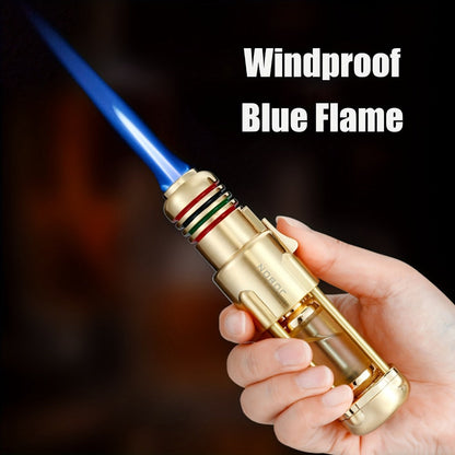 Butane Torch Lighter Windproof Jet Flame Zinc Alloy Refillable, Visible Fuel Tank, Adjustable Blue Flame