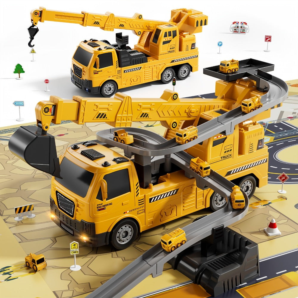 3-in-1 Crane Excavator & Racing Track Toy Set for Kids Ages 3+, Construction Vehicle Playset with Lights & Sounds