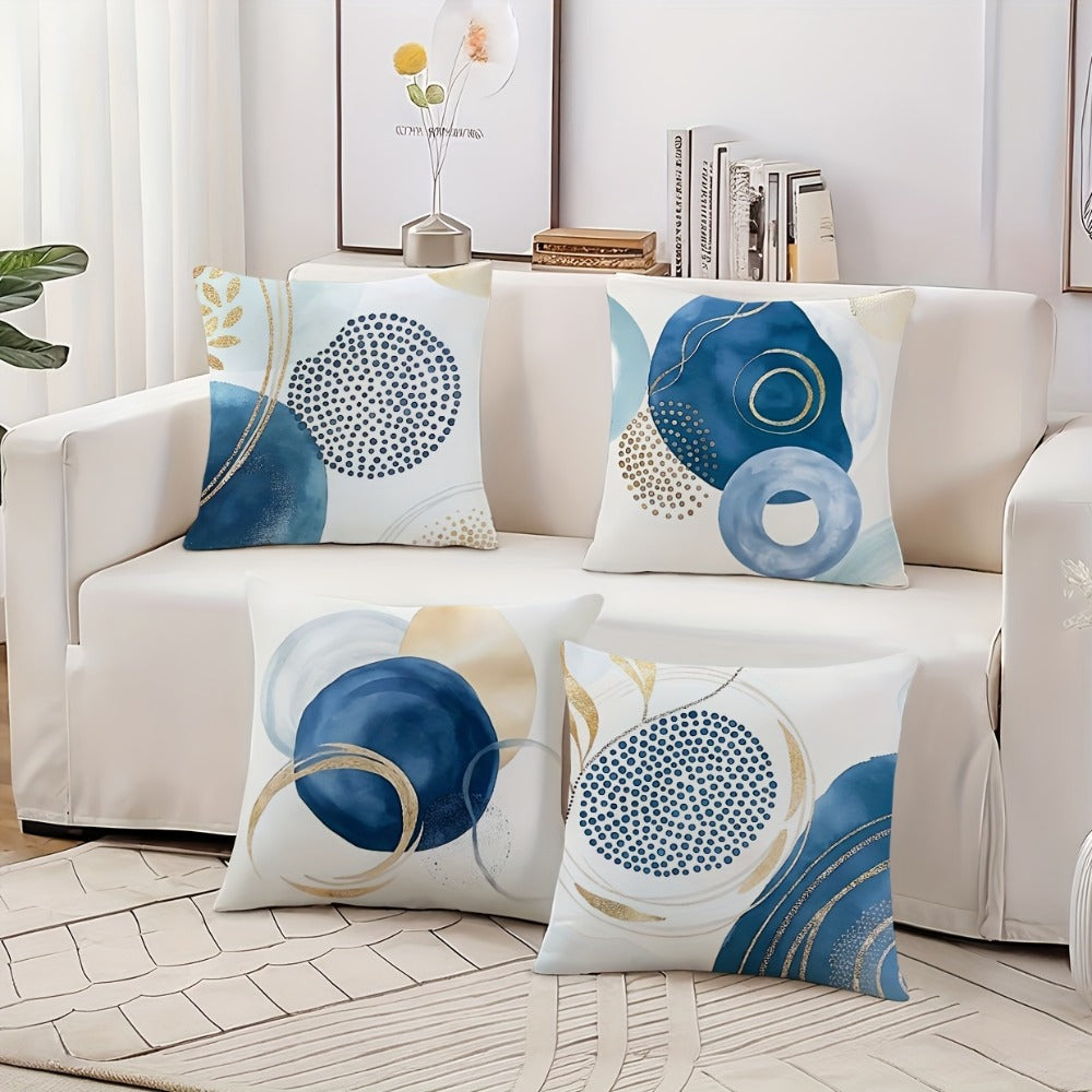 Navy and Gold Geometric Throw Pillow Covers, Four-Piece 18 x 18-Inch Polyester Set with Hidden Zippers