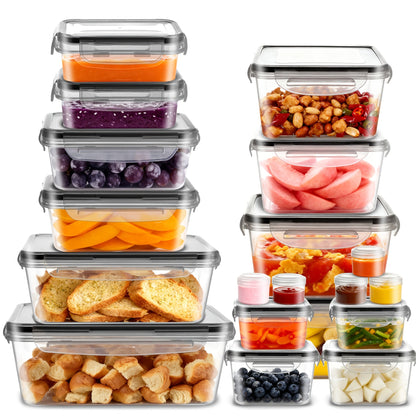 Lunch Box Food Storage Organizer with Flip-Top Lids and Multi-Size Plastic Container Sets for Kitchen and Pantry Organization