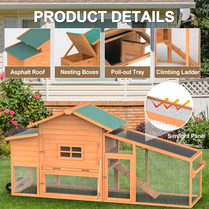Portable Wooden Chicken Coop with Wheels, Nest Box and Wood Roof or Sunshine Board Run Option