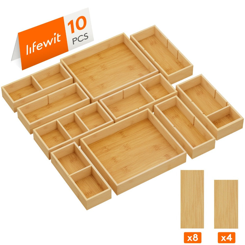 Bamboo Drawer Organizer 10 Pack, Adjustable Stackable Drawer Dividers Bins for Kitchen Utensils, Silverware