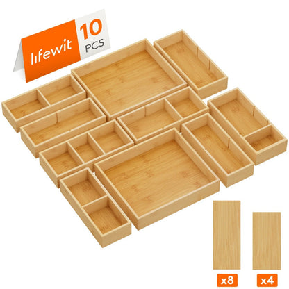 Bamboo Drawer Organizer 10 Pack, Adjustable Stackable Drawer Dividers Bins for Kitchen Utensils, Silverware