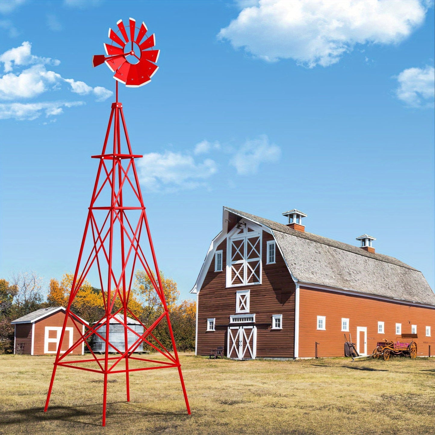 Decorative Windmill 8 ft Metal Outdoor Garden Windmill with Weathervane 4 Ground Stakes All-Weather for Garden, Patio and Yard Use