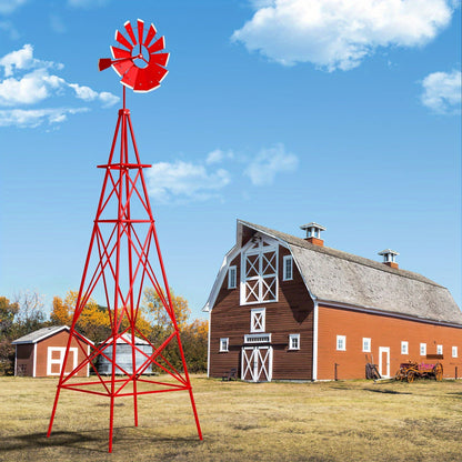 Decorative Windmill 8 ft Metal Outdoor Garden Windmill with Weathervane 4 Ground Stakes All-Weather for Garden, Patio and Yard Use