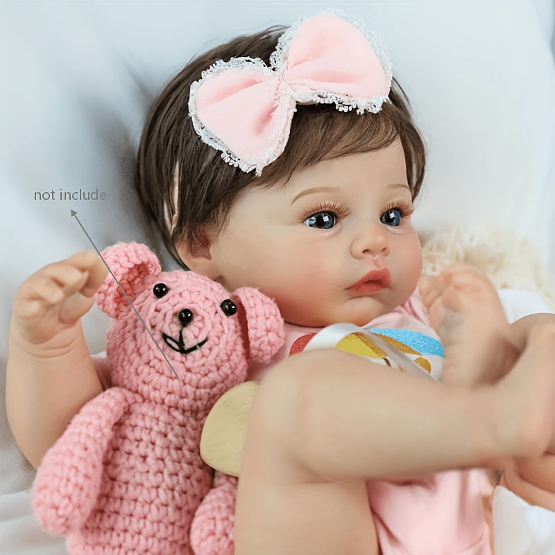 Reborn Doll, Soft-Body Sleeping Figure with Hand-Painted Details, Purple Bows and Floral Outfit