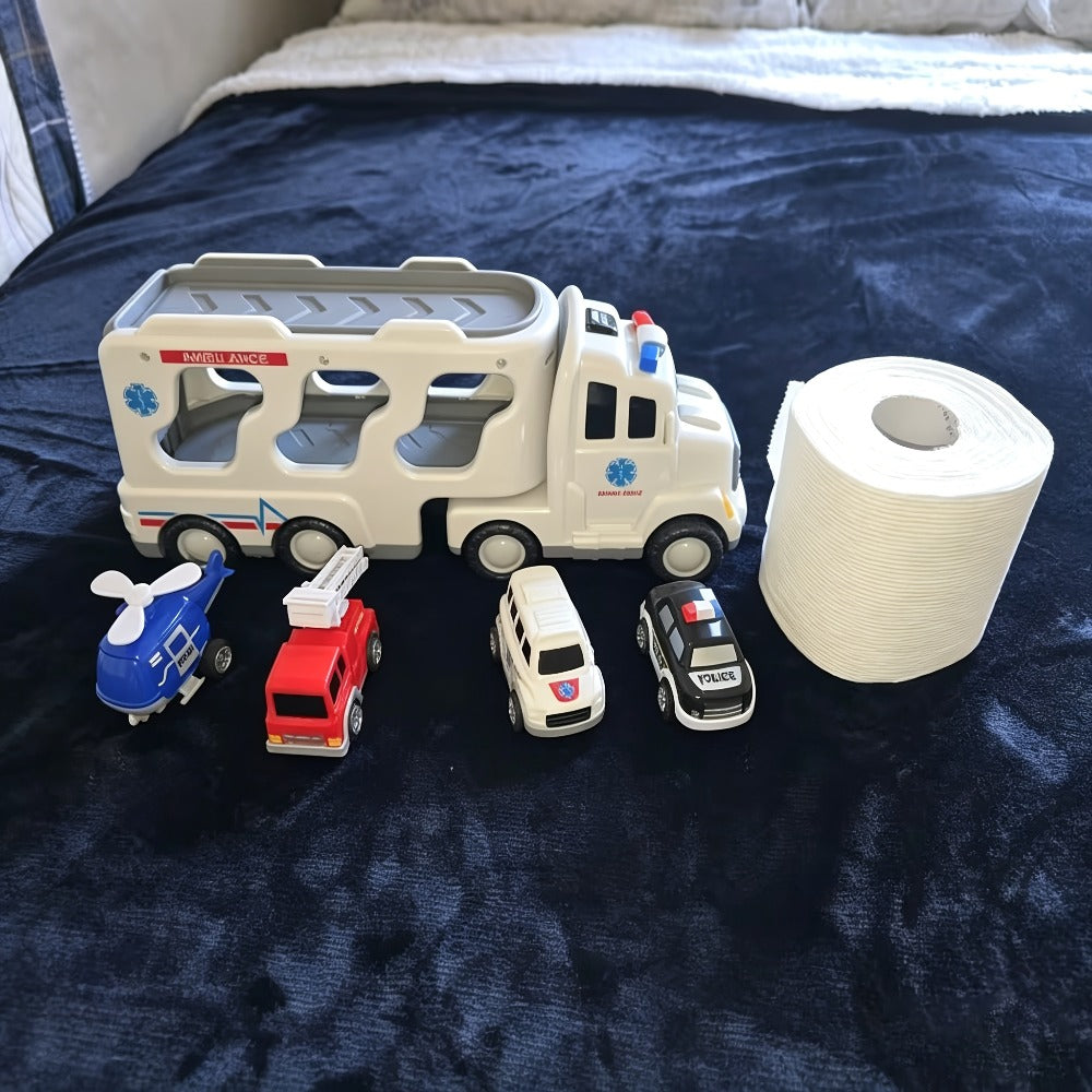 Ambulance Truck Toy Set for Boys, 5-in-1 Friction Power Carrier Truck with Lights & Sounds