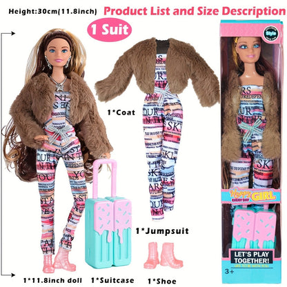 Six-Piece 11.5-Inch Fashion Doll Set with Mixed Outfits, Handbags, Hats, Necklaces and Suitcase Accessories