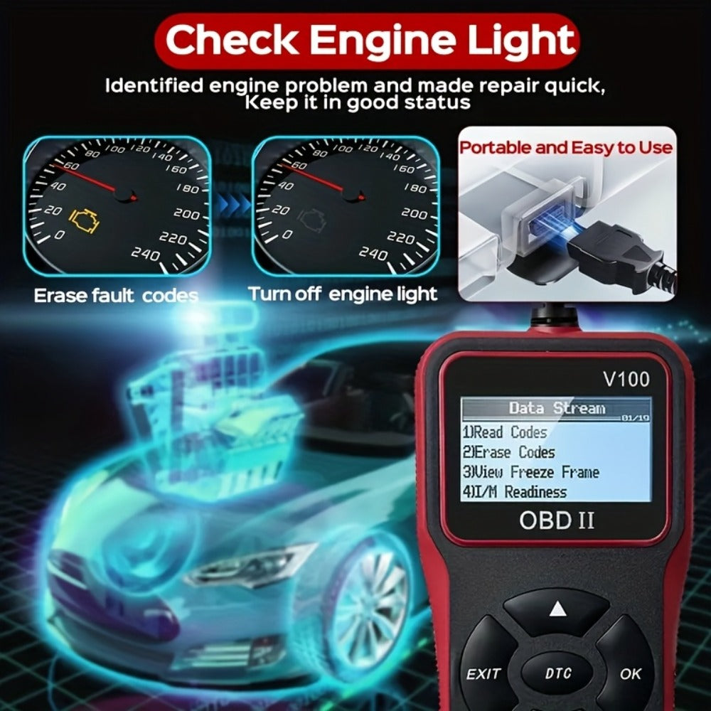 V100 OBD2 Scanner with Four-Line Menu, 12.4 x 7cm Body, Tethered 16-Pin Plug and Four Color Options