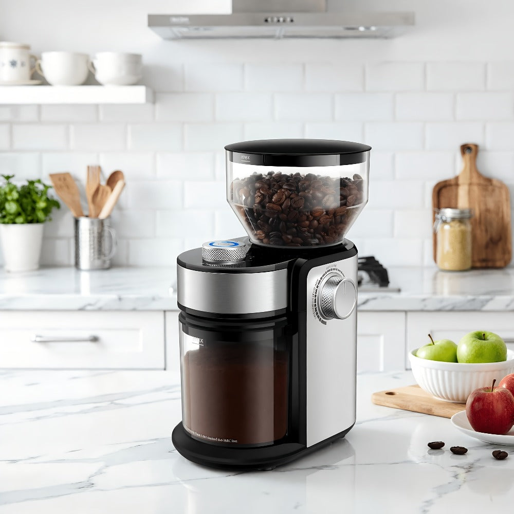 Electric Burr Coffee Grinder with 16 Grind Selections, 2-14 Cup Dial and Silver 9.5 x 7 x 5-Inch Body