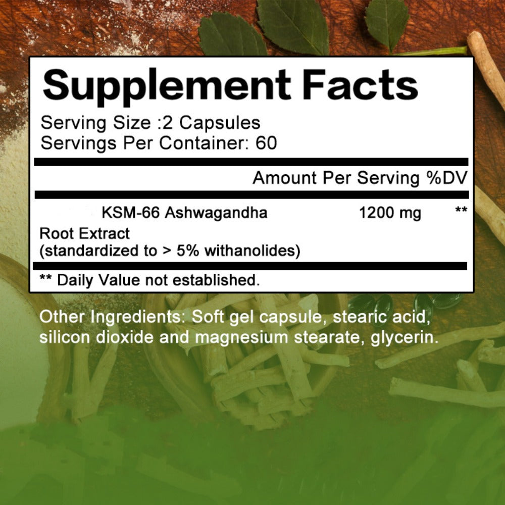 KSM-66 Ashwagandha 1200mg Extra Strength 120 Capsules for Stress, Mood Support & Anxiety, Adaptogen Supplement for Men & Women