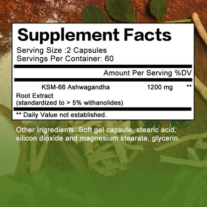 KSM-66 Ashwagandha 1200mg Extra Strength 120 Capsules for Stress, Mood Support & Anxiety, Adaptogen Supplement for Men & Women