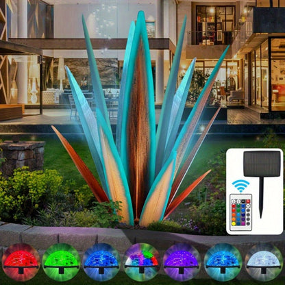 Solar Powered Agave Metal Sculpture Garden Statue – Hand-Painted Rustic Agave Figurine with LED Light & Remote Control